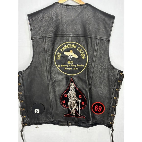 Motorcycle Club Vest Men's Black Leather MC Patches Lace Side Snap Assless Chaps